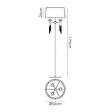 Line drawing of the Tiffany 6 Light Crystal Floor Lamp in gold with a cream shade, featuring dual pull chains and a round base. Dimensions: height 175 cm, shade height 26 cm, base diameter 50 cm.
