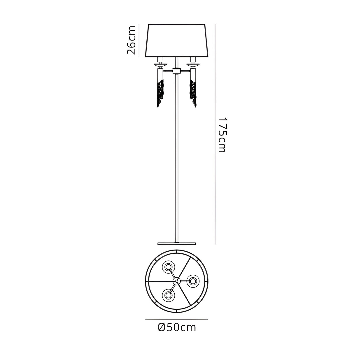 Black and white diagram of the Tiffany 6 Light Crystal Floor Lamp—Chrome With White Shade—shows measurements: height 175 cm, shade height 26 cm, base diameter 50 cm. Top-down view displays six light sockets in a circular pattern; polished chrome finish.