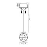 Black and white diagram of the Tiffany 6 Light Crystal Floor Lamp—Chrome With White Shade—shows measurements: height 175 cm, shade height 26 cm, base diameter 50 cm. Top-down view displays six light sockets in a circular pattern; polished chrome finish.