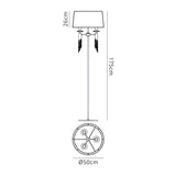 Line drawing of the Tiffany 6 Light Crystal Floor Lamp - Brass with Cream Shade: height 175 cm, lampshade height 26 cm, base diameter 50 cm. Features six decorative bulbs and a circular base, shown in front and top views.