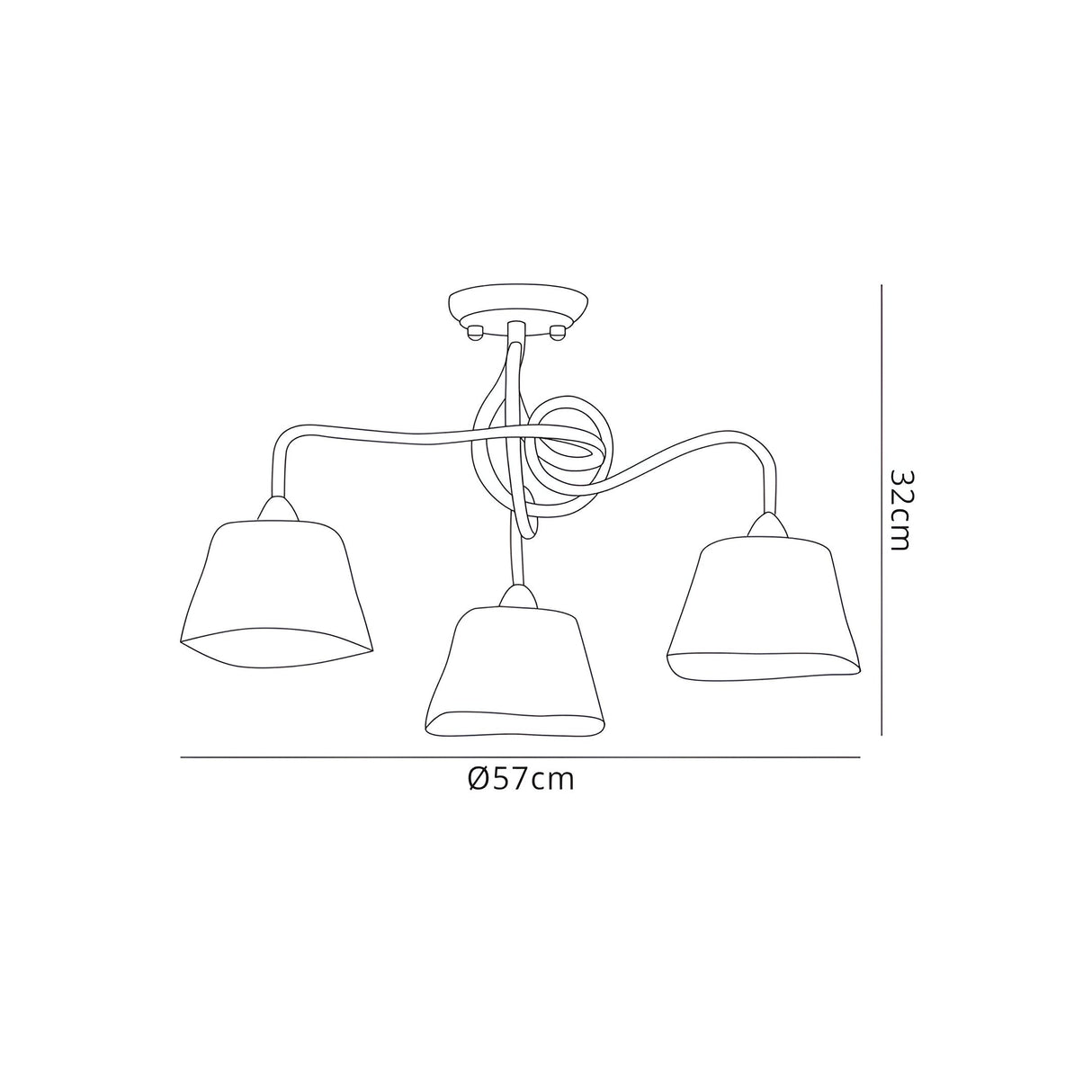 Dimensioned line drawing of the Mantra Tentacle 3 Light Semi-Flush Ceiling Light showing 57cm diameter and 32cm height with three curved arms and shades.