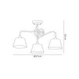 Dimensioned line drawing of the Mantra Tentacle 3 Light Semi-Flush Ceiling Light showing 57cm diameter and 32cm height with three curved arms and shades.
