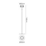 Line drawing of the O2 1 Light Floor Lamp in polished chrome, 160 cm tall with a 20 cm circular patterned shade and 30 cm base. Features a sleek, straight pole for modern spaces. Includes top and side views.