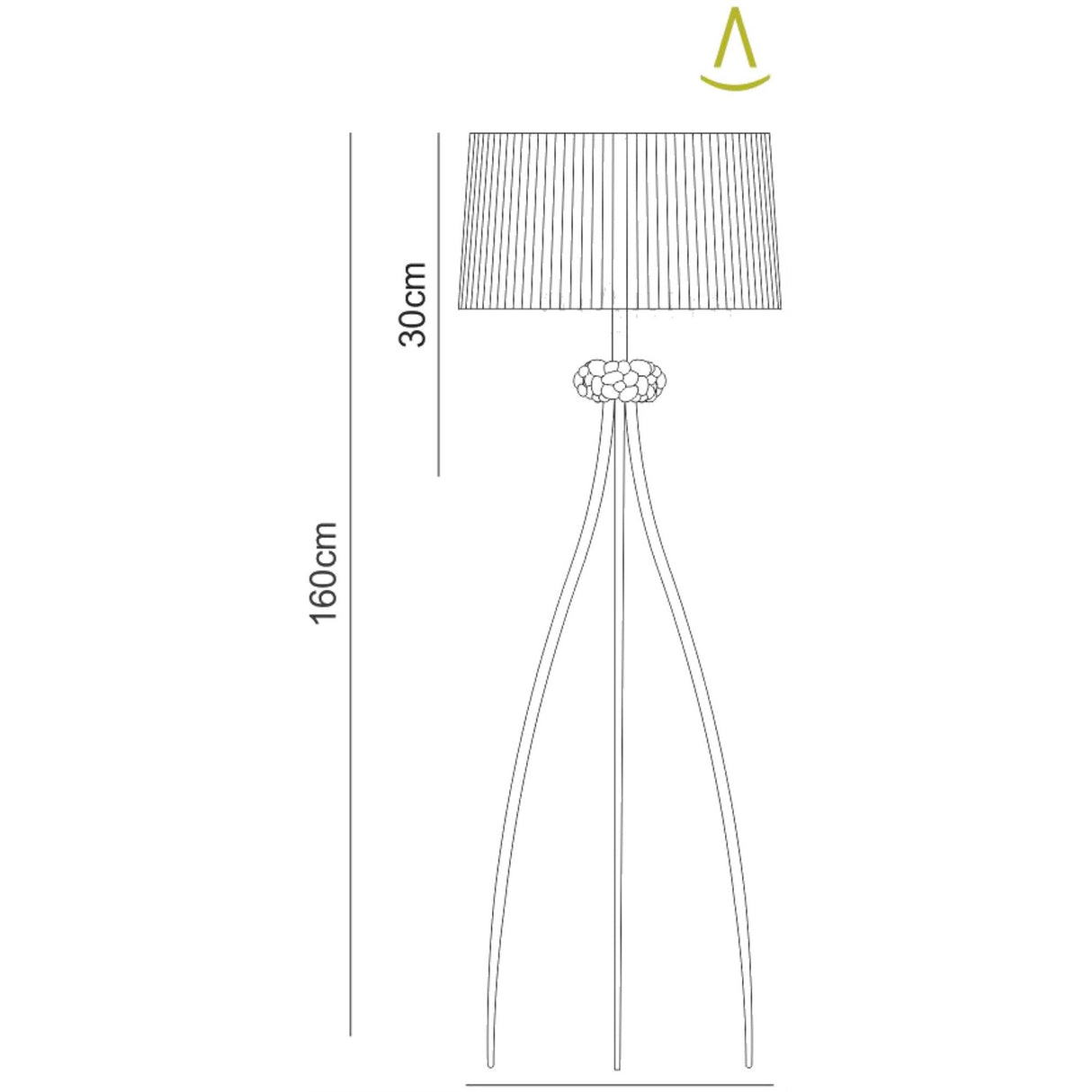 Line drawing of the Loewe 3 Light Floor Lamp - Brass With Soft Bronze Shade, featuring a pleated 30 cm shade, decorative central detail, three curved legs, dimmable design, and a height of 160 cm for an elegant appearance.