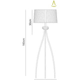 Line drawing of the Loewe 3 Light Floor Lamp - Brass With Soft Bronze Shade, featuring a pleated 30 cm shade, decorative central detail, three curved legs, dimmable design, and a height of 160 cm for an elegant appearance.