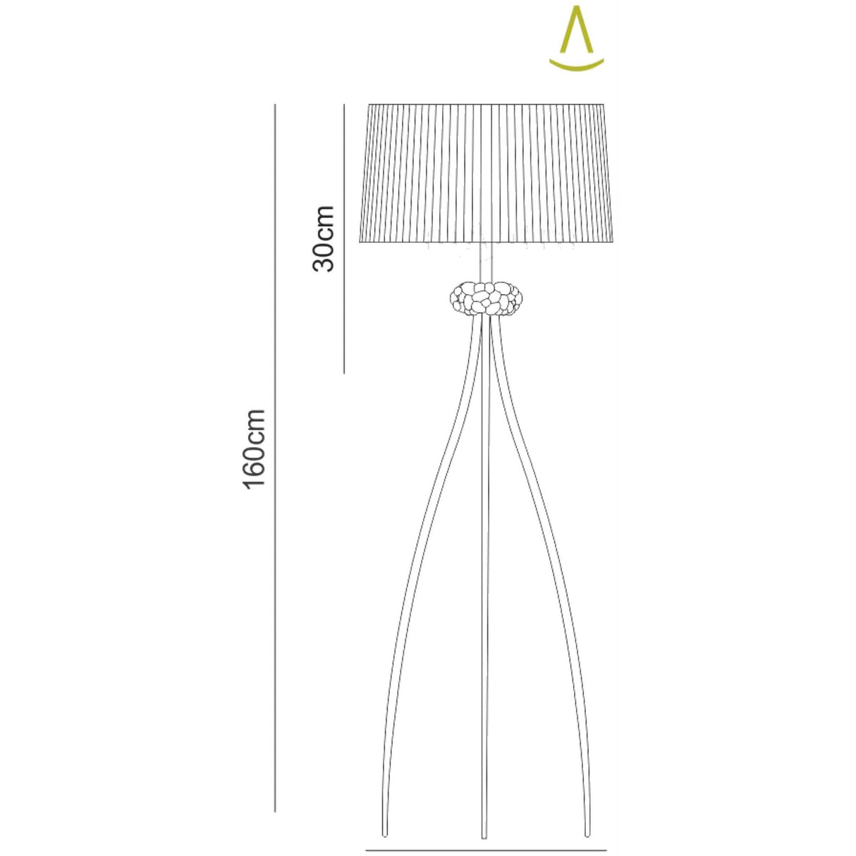 Line drawing of the Loewe 3 Light Floor Lamp—chrome finish, cream pleated shade, tripod legs, and decorative detail below the shade. Stands 160 cm tall with a 30 cm high shade; ideal for ambient lighting.