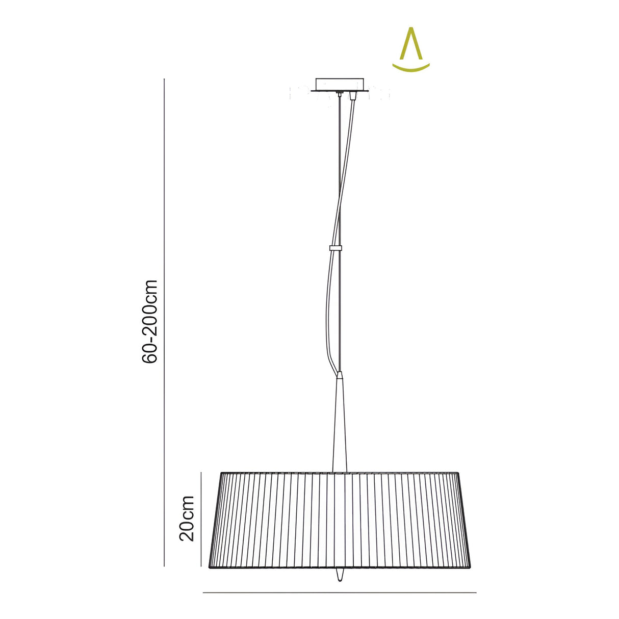 Mantra Loewe 3 light pendant dimension diagram showing 60-200cm adjustable drop and 20cm shade height on a white background.