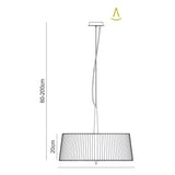 Mantra Loewe 3 light pendant dimension diagram showing 60-200cm adjustable drop and 20cm shade height on a white background.