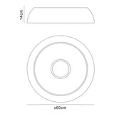 Technical line drawing of the Mantra Argenta LED flush ceiling light showing 60cm diameter and 14cm height with side and underside views.