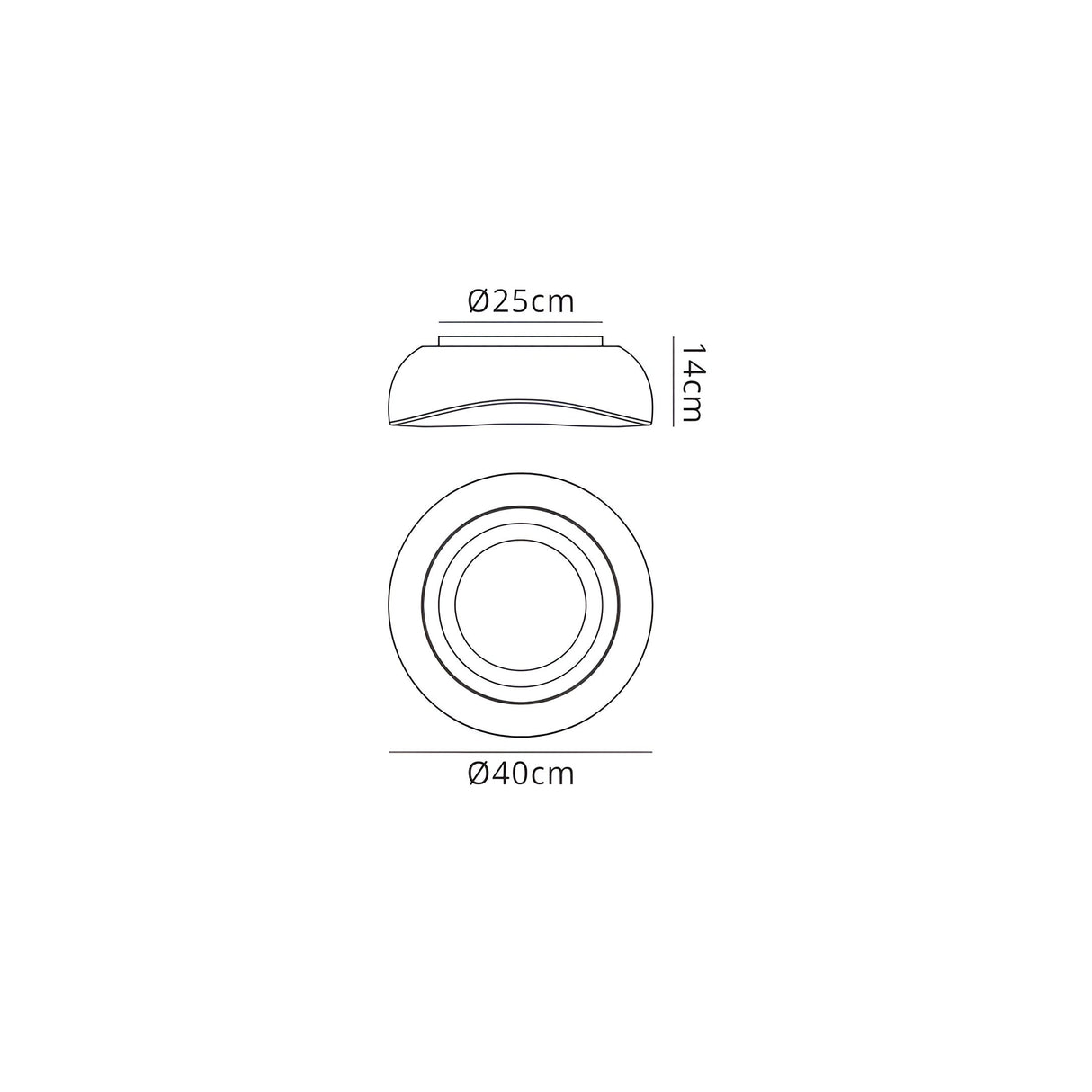 Technical dimension diagram of the Mantra Opal flush ceiling light showing 25cm mount, 40cm diameter frosted glass dome, and 14cm height.