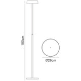 Line drawing of the Noa II Touch Dimmer LED Floor Lamp (9W, 3000K, Matt White & Beech), 180 cm tall, with side and top views. Features a touch dimmer, 26 cm circular base, and a modern Scandinavian design with a round lamp head.