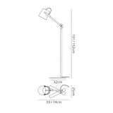 Line drawing of the Nordica 1 Light Floor Lamp in matt white with ivory white shade; height: 101–152 cm, base width: 32 cm, shade height: 25 cm, top view width: 33/74 cm.