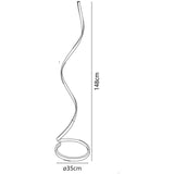 Line drawing of the Nur Dimmable LED Floor Lamp 20W 3000K in Silver & Chrome, featuring a modern spiral design, circular base, 148 cm height, and 35 cm diameter—perfect as an adjustable ambient LED floor lamp for any space.