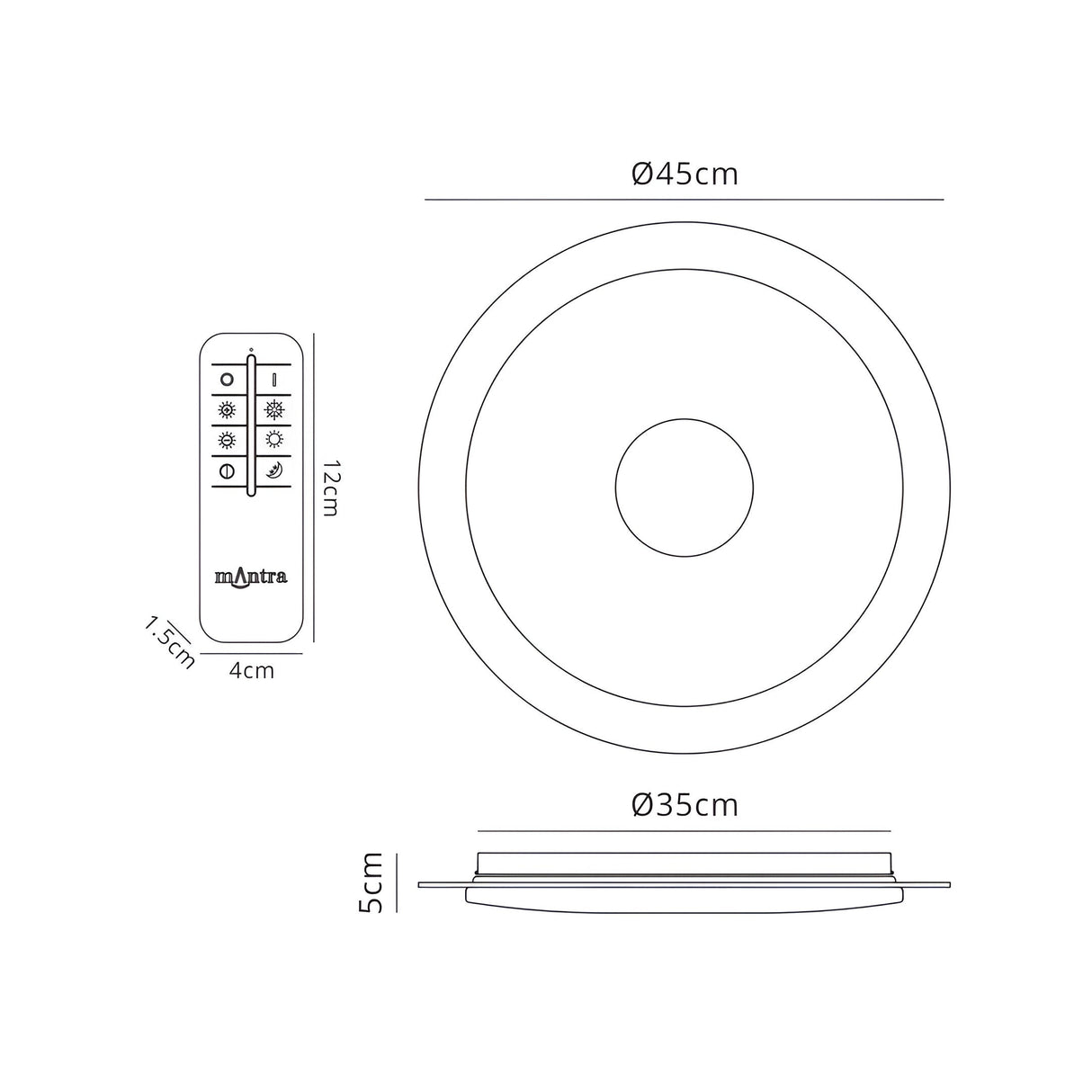 Mantra Virgin dimensions diagram showing the 45cm diameter flush ceiling light with 5cm depth, 35cm inner ring, and 12cm CCT remote control.
