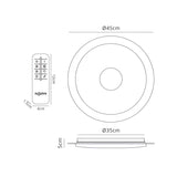 Mantra Virgin dimensions diagram showing the 45cm diameter flush ceiling light with 5cm depth, 35cm inner ring, and 12cm CCT remote control.
