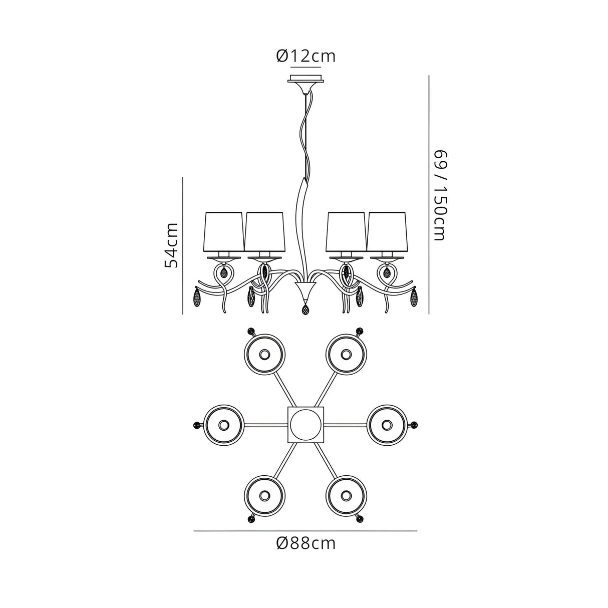 Louise 88cm 6 Light Crystal Chandelier - Chrome With White Shades