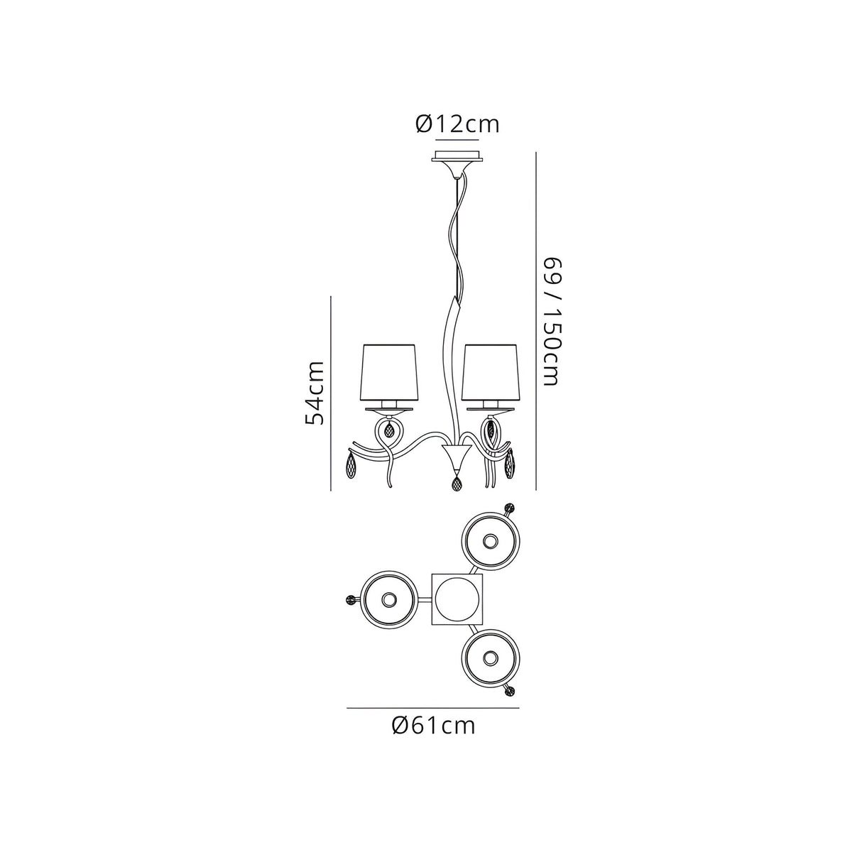 Louise 61cm 3 Light Crystal Chandelier - Chrome With White Shades