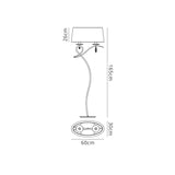 Line drawing of the Louise 2 Light Crystal Floor Lamp in chrome with a white shade, 165.5 cm tall, curved stem, 60x30 cm oval base, pull switch below the 26 cm high shade—ideal for stylish ambient lighting.