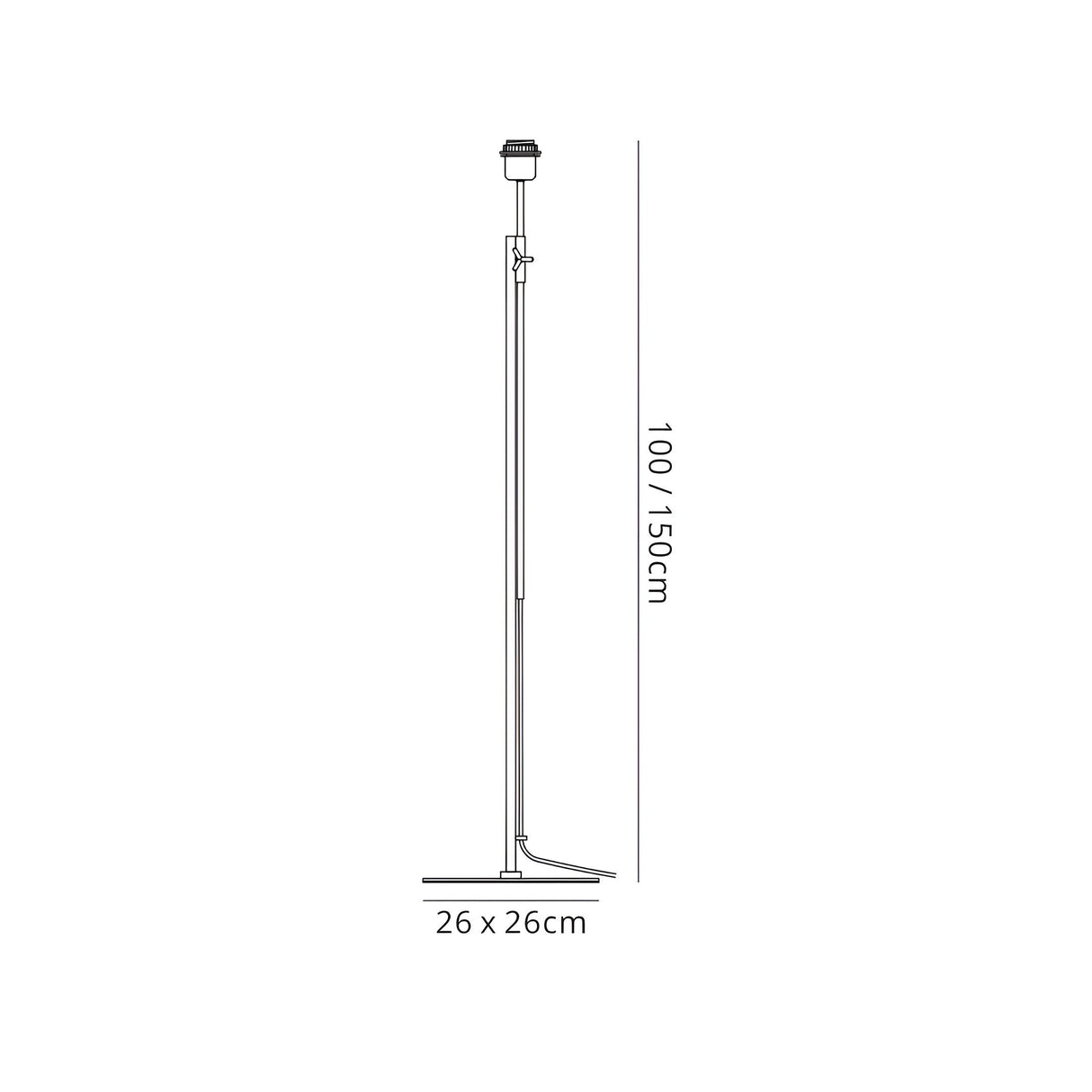 Side view line drawing of the Habana Telescopic 1 Light Floor Lamp - Black & Chrome (Without Shade), featuring a square 26 x 26 cm base and adjustable height options of 100 cm or 150 cm, depicted with minimal details.