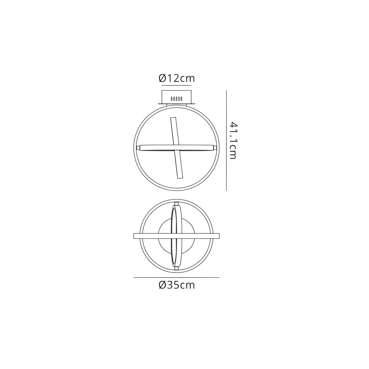 Technical line drawing of the Mantra Orbital LED semi-flush ceiling light showing front and side views with dimensions of 35cm diameter and 41.1cm height.