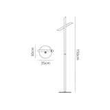 Line drawing of the Take Blanco Dimmable LED Floor Lamp (9W, 3000K, White), a tall cylindrical design with a horizontal bar near the top. Dimensions: 150cm high; lamp head 30cm high, 35cm wide. Includes side and front views—ideal for modern spaces.