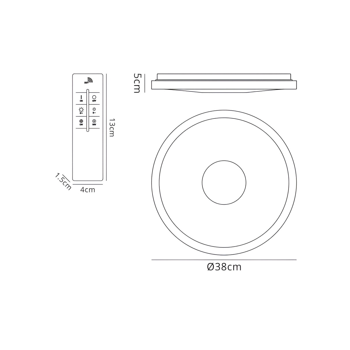 Dimension diagram of Mantra Centara 380mm flush ceiling light showing 38cm diameter, 5cm depth, and 13cm remote control with labelled controls.