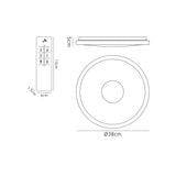 Dimension diagram of Mantra Centara 380mm flush ceiling light showing 38cm diameter, 5cm depth, and 13cm remote control with labelled controls.