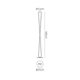 Line drawing of the Bucle Dimmable LED Floor Lamp 50W 3000K (Silver & Chrome), 180 cm high with a twisted design. Top diameter: 12 cm; base diameter: 25 cm. Includes labeled front and top views—ideal for modern lighting schemes.