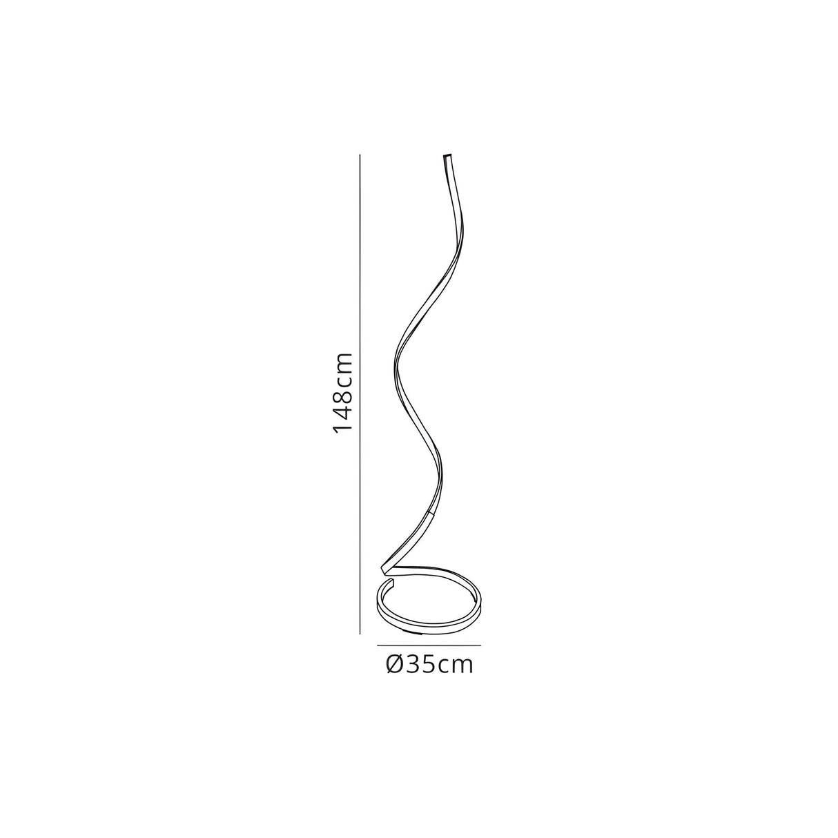 Line drawing of the Nur II Dimmable LED Floor Lamp 22W 4000K (White), featuring a tall spiral shape, circular base (Ø35 cm), and height labeled 148 cm.