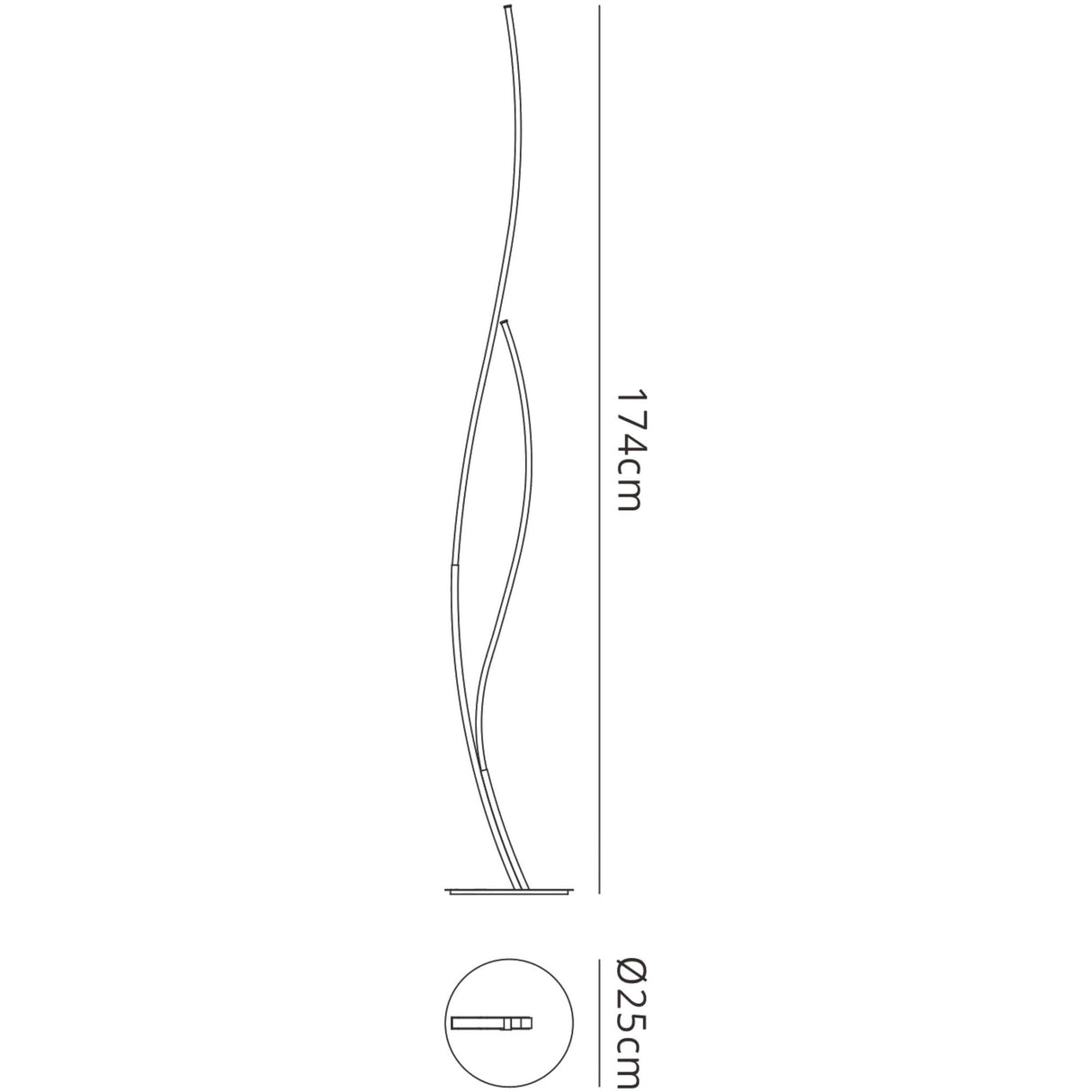 Line drawing of the Corinto Dimmable LED Floor Lamp 30W 3000K - Chrome. Features a tall, curved design with intertwined lines, circular base, and modern appeal. Measures 174 cm high x 25 cm diameter; ideal for stylish interiors.