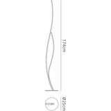 Line drawing of the Corinto Dimmable LED Floor Lamp 30W 3000K - Chrome. Features a tall, curved design with intertwined lines, circular base, and modern appeal. Measures 174 cm high x 25 cm diameter; ideal for stylish interiors.