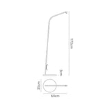 Line drawing of the Kinke Floor Lamp With Hook - Anthracite, 172 cm tall, base diameter 35 cm, base thickness 3 cm, arm length 64 cm. Shown in top and side views. Perfect as an outdoor luminaire.