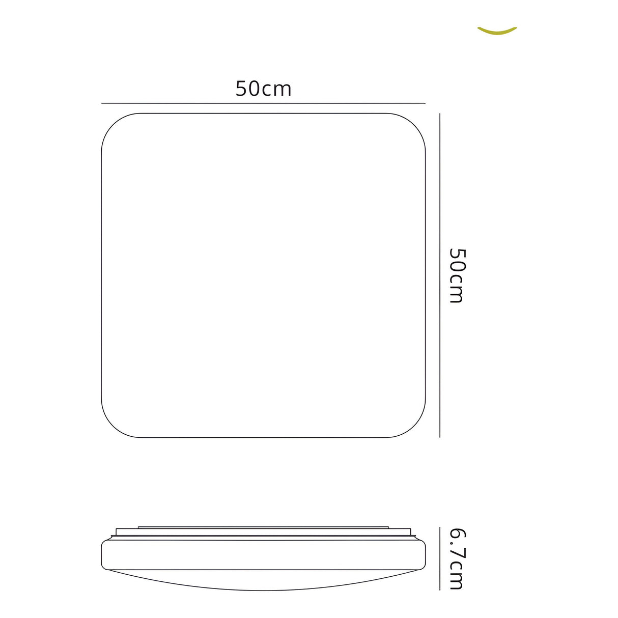Dimension diagram of the Mantra Quatro II 60W LED flush ceiling light, showing 50cm square width and 6.7cm depth on a white background.