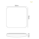 Dimension diagram of the Mantra Quatro II 60W LED flush ceiling light, showing 50cm square width and 6.7cm depth on a white background.