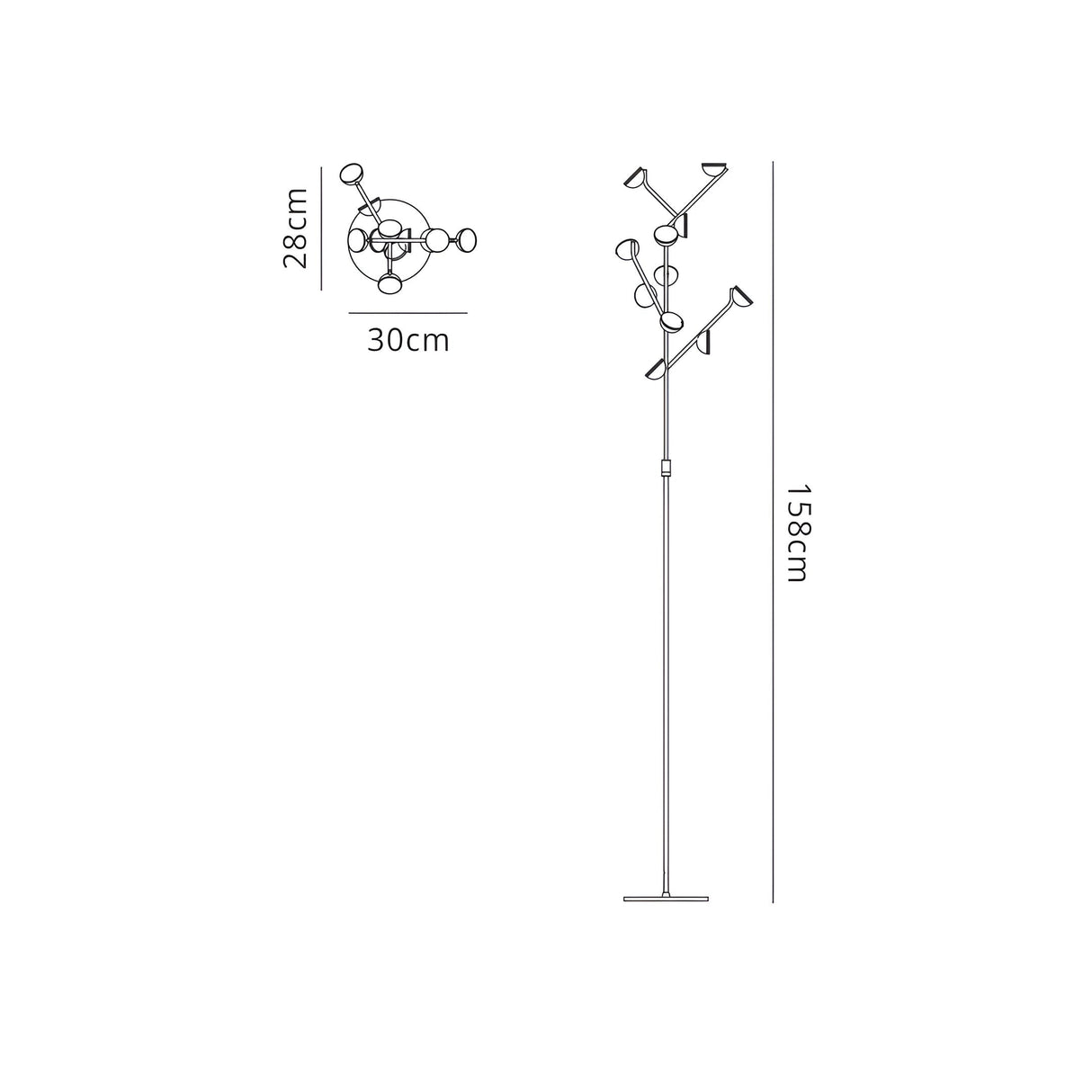 Line drawing of the Adn LED Floor Lamp 30W 3000K - White, featuring multiple adjustable heads. It stands 158 cm tall, 30 cm wide, and 28 cm deep. Simple, minimalistic design perfect for stylish ambient lighting.