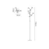 Line drawing of the Adn LED Floor Lamp 30W 3000K - White, featuring multiple adjustable heads. It stands 158 cm tall, 30 cm wide, and 28 cm deep. Simple, minimalistic design perfect for stylish ambient lighting.
