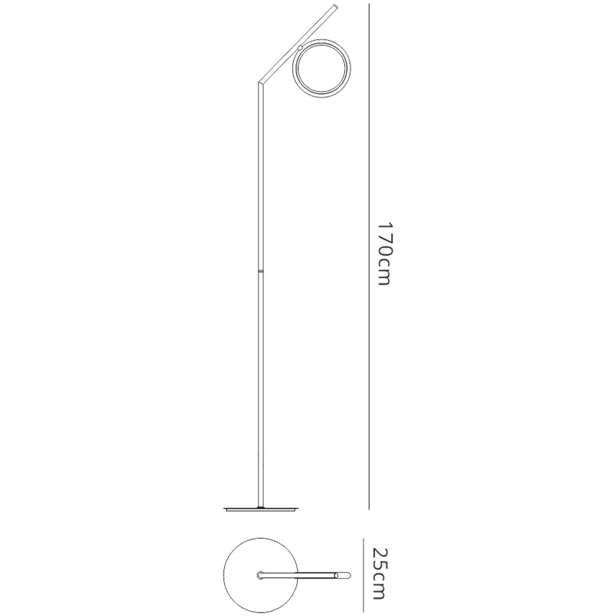 Line drawing of the Olimpia LED Floor Lamp 12W 3000K in satin gold, featuring a modern minimalism style with a circular top-angled lampshade. Lamp is 170 cm tall with a 25 cm round base, shown from side and top views.