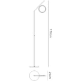 Line drawing of the Olimpia LED Floor Lamp 12W 3000K in satin gold, featuring a modern minimalism style with a circular top-angled lampshade. Lamp is 170 cm tall with a 25 cm round base, shown from side and top views.