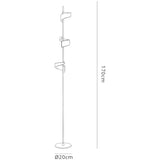 Line drawing of the Tsunami LED Floor Lamp 36W 3000K - Sand White, featuring a round 20 cm base, three adjustable rectangular heads, and a height of 170 cm. This modern lighting piece adds ambient light to any space.