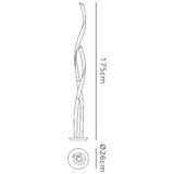 Line drawing of the Armonia LED Floor Lamp 30W 3000K in silver & white, featuring a modern twisted design, dimmable function, circular 26 cm base, and 175 cm height. Includes top and side views.