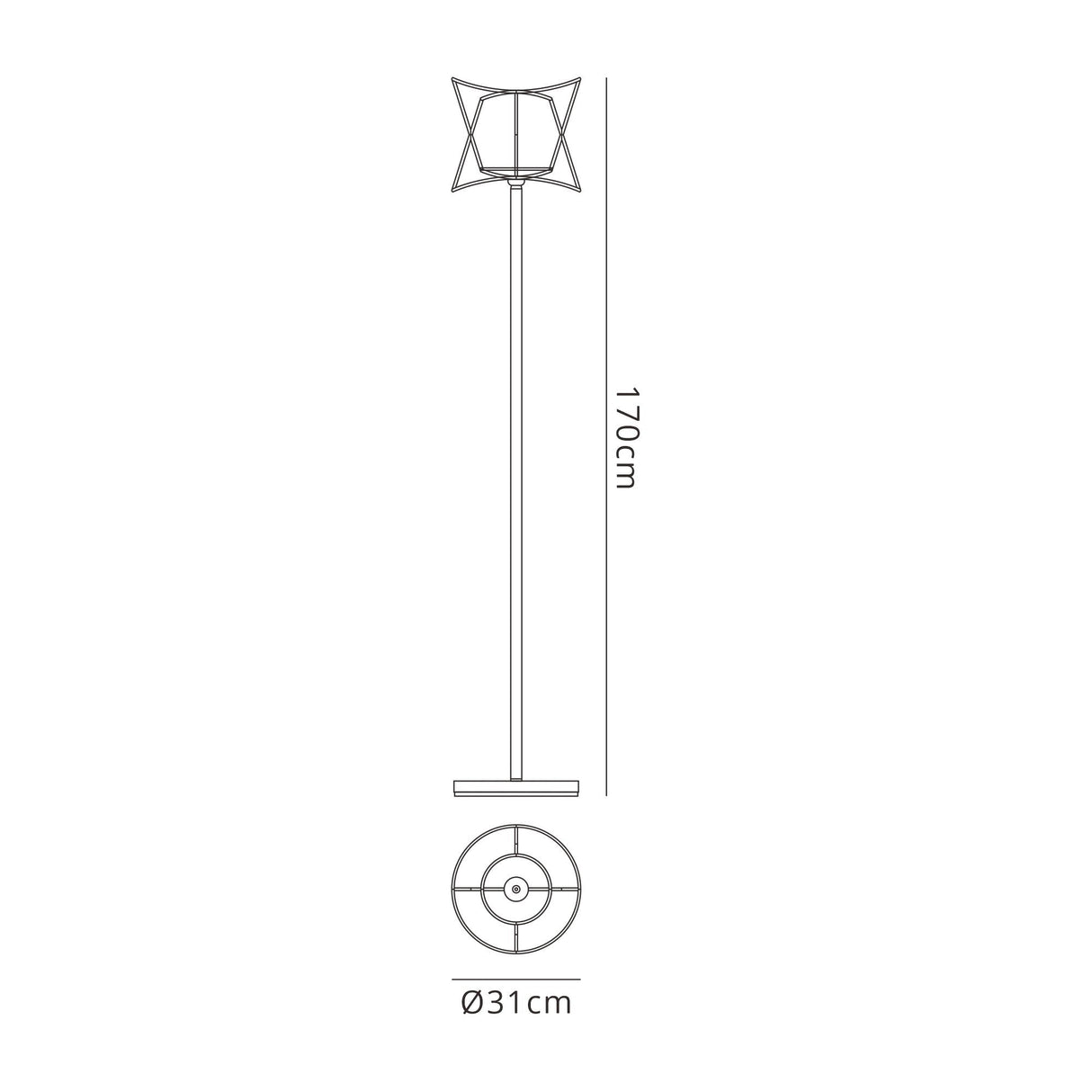 Line drawing of the Polinesia 1 Light Outdoor Floor Lamp - Beige, featuring a wicker-style geometric shade. The lamp stands 170 cm tall with a 31 cm diameter circular base. Includes top and base views with exact measurements.