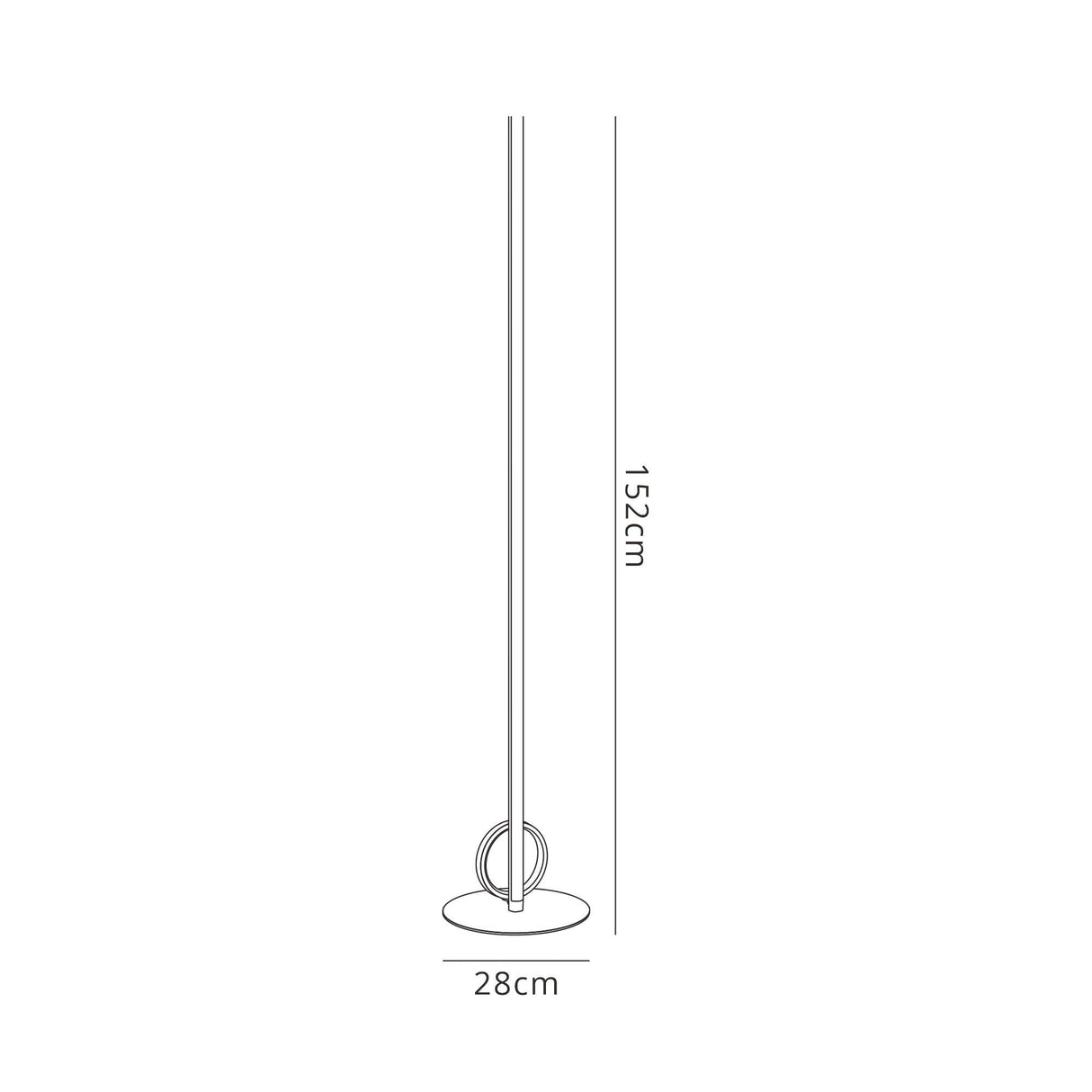 Minimalist line drawing of the Kitesurf LED Floor Lamp 24W 3000K - White, featuring a tall, slender build at 152 cm high and a 28 cm wide round base—ideal for adding ambient lighting to any space. Measurements are clearly labeled.
