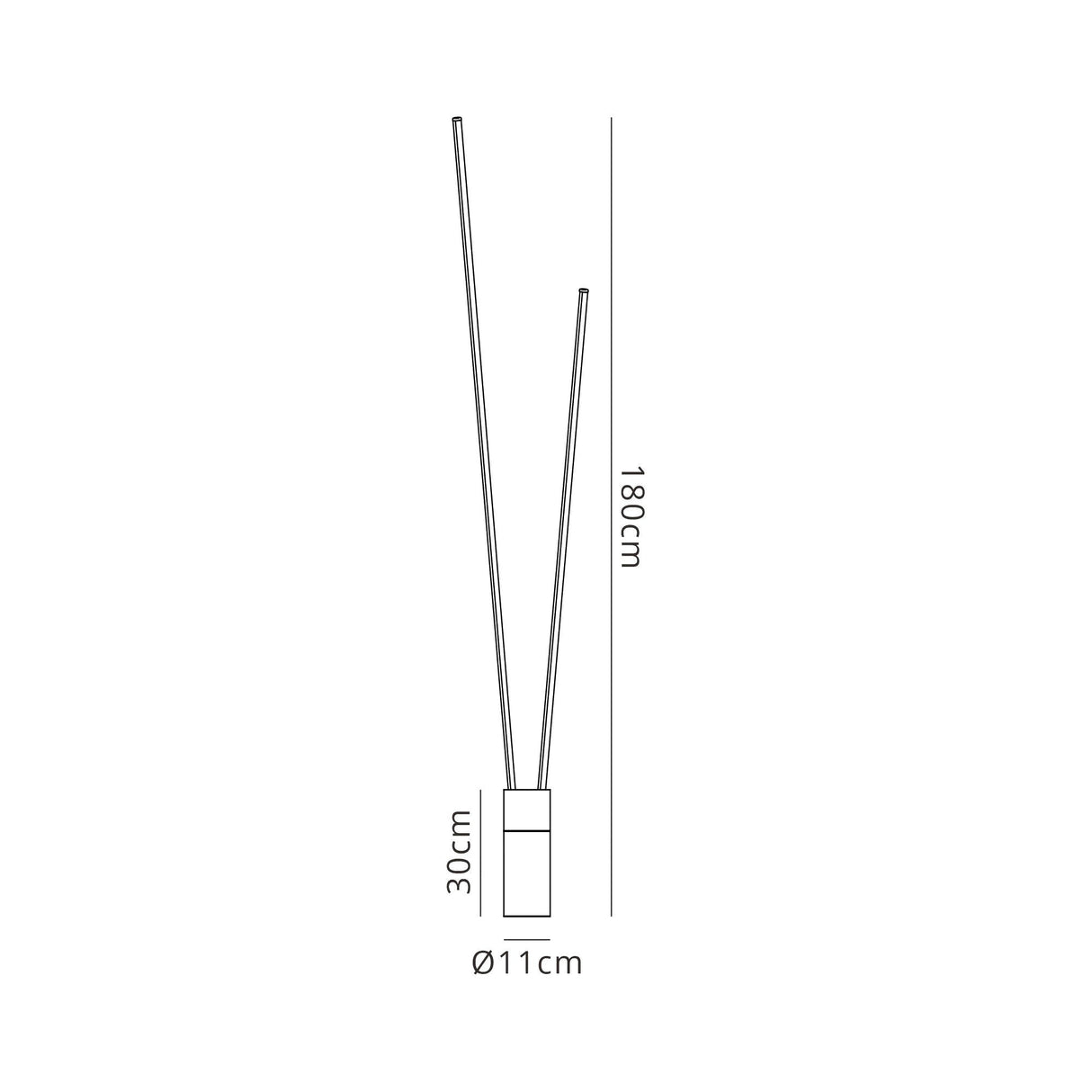 Line drawing of the Vertical Dimmable LED Floor Lamp 44W 3000K - Black, showing a tall, narrow design with two angled rods in a cylindrical base. Height: 180 cm, base diameter: 11 cm, one rod height: 30 cm.