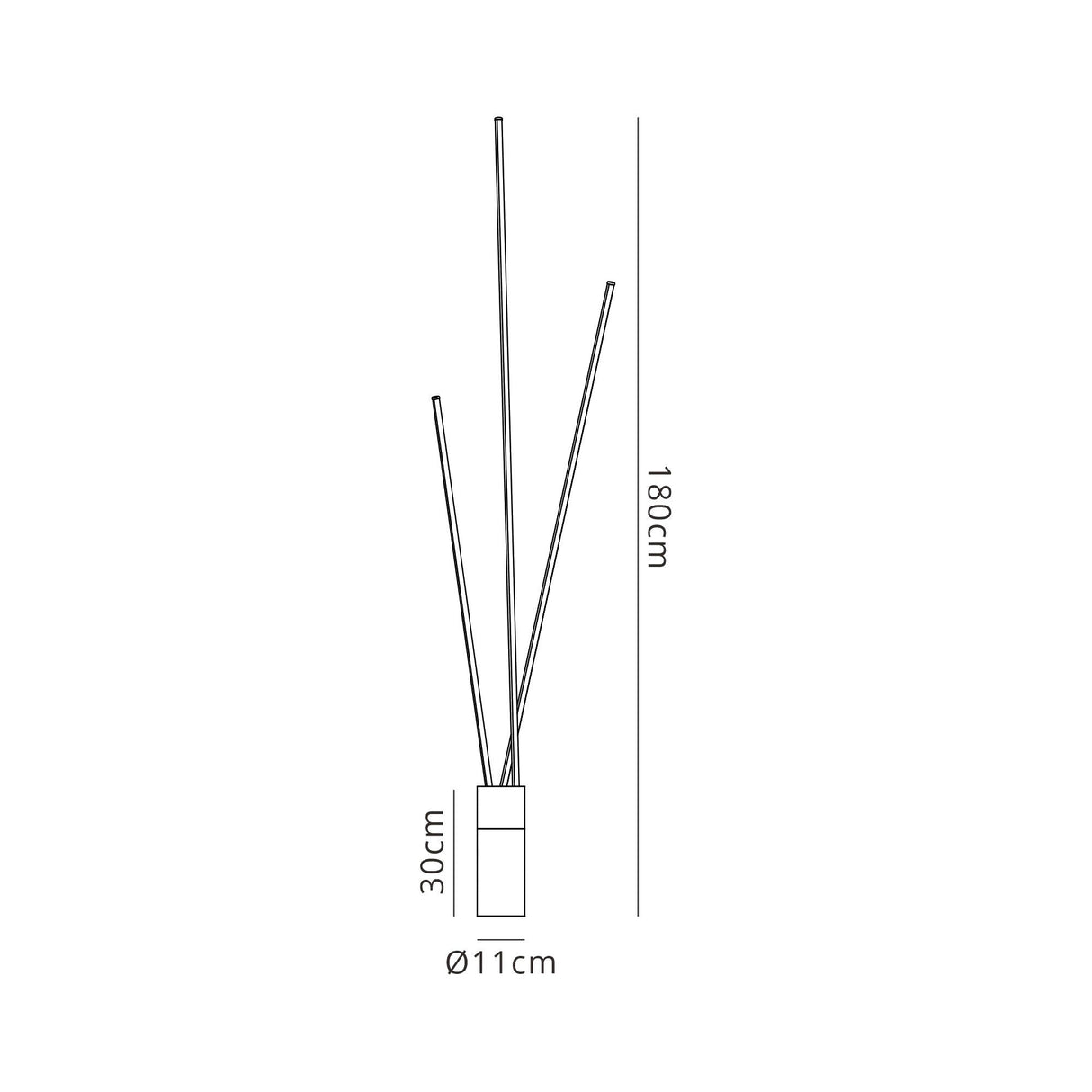 Line drawing of the Vertical Dimmable LED Floor Lamp 60W 3000K - Black features three angled sticks, a 30 cm tall by 11 cm wide base, and a total height of 180 cm. Ideal for ambient lighting with labeled measurements.