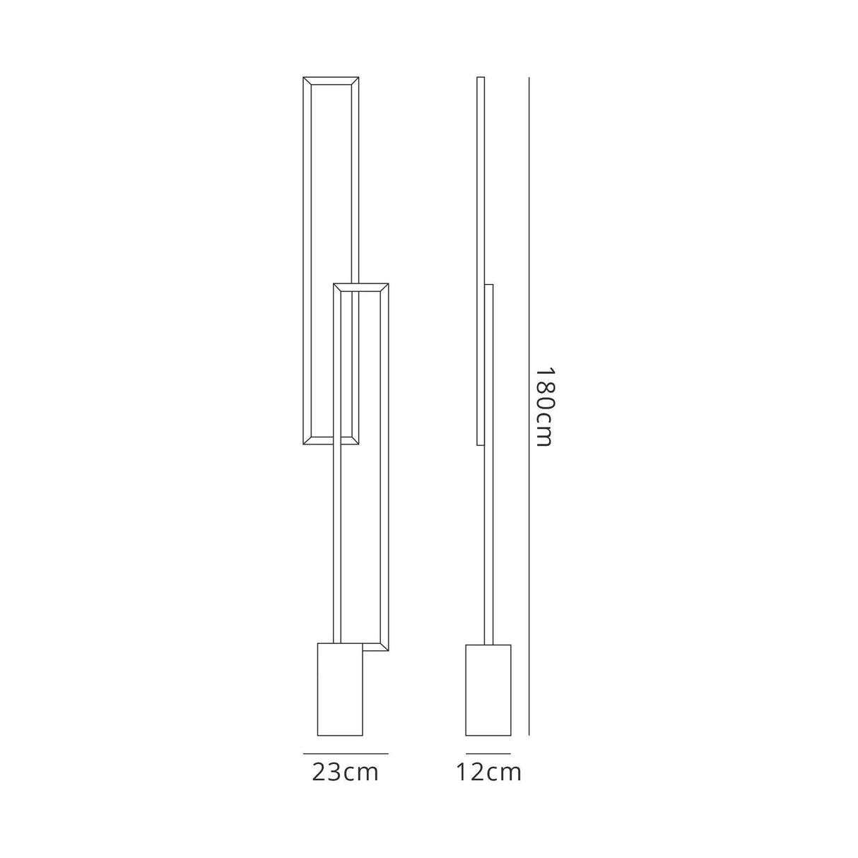 Line drawing of the Mural LED Floor Lamp 48W 3000K in matt black, labeled with dimensions: 180 cm high, 23 cm wide, and 12 cm deep. Shown from front and side views—ideal for modern lighting schemes.