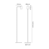 Line drawing of the Sal 1 Light Floor Lamp in matt white, featuring an adjustable spotlight—ideal for modern interiors. Measures 123.5 cm high; lamp head: 9.5 cm tall, 6 cm diameter; base: 21 cm diameter; arm extends 22 cm from pole.