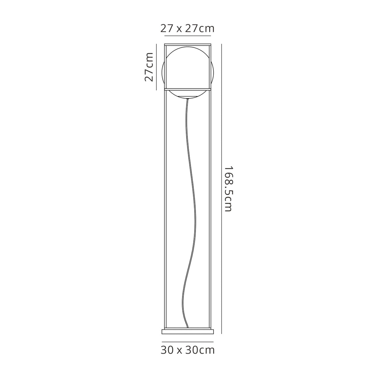 Line drawing of the Desigual Large 1 Light Floor Lamp in matt black: 168.5 cm tall, lamp head 27 x 27 cm, base 30 x 30 cm. Its rounded top and curving cord reflect modern minimalism—ideal for ambient lighting.
