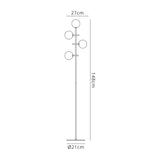 Line drawing of the Cellar LED Floor Lamp 5W 4000K - Black, a dimmable floor lamp with four vertically arranged round bulbs, standing 148 cm tall, top width 27 cm, and a circular base measuring 21 cm in diameter.
