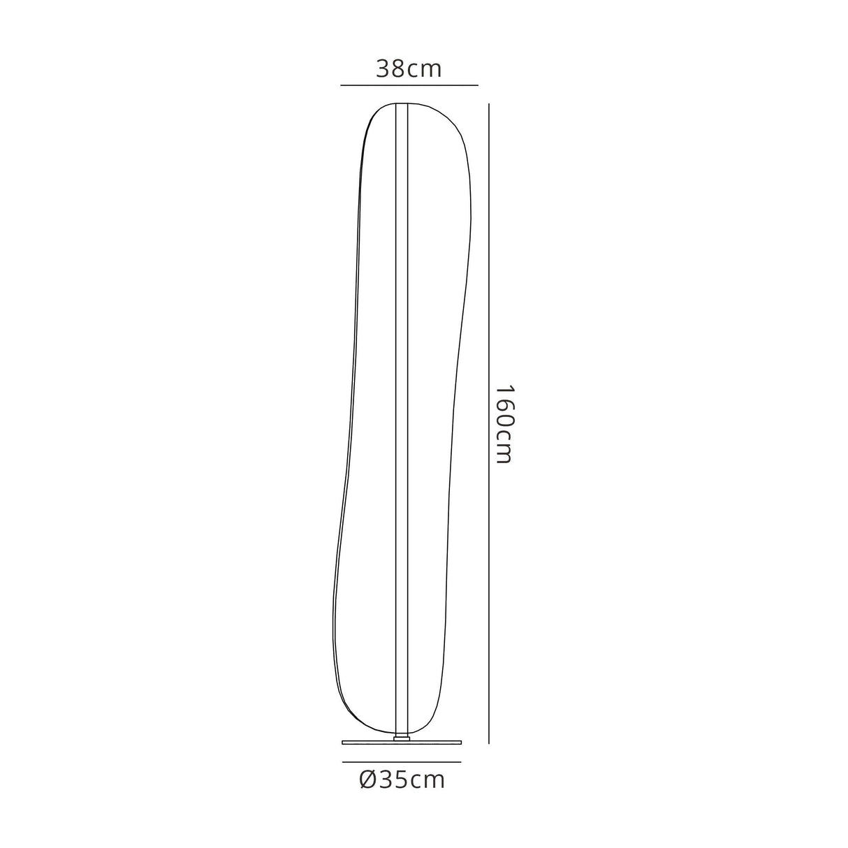 Line drawing of the Bianca LED Floor Lamp 30W 3000K - White, a tall modern piece with an irregular sculptural shape, measuring 160 cm high, 38 cm wide, and featuring a round base with a 35 cm diameter.
