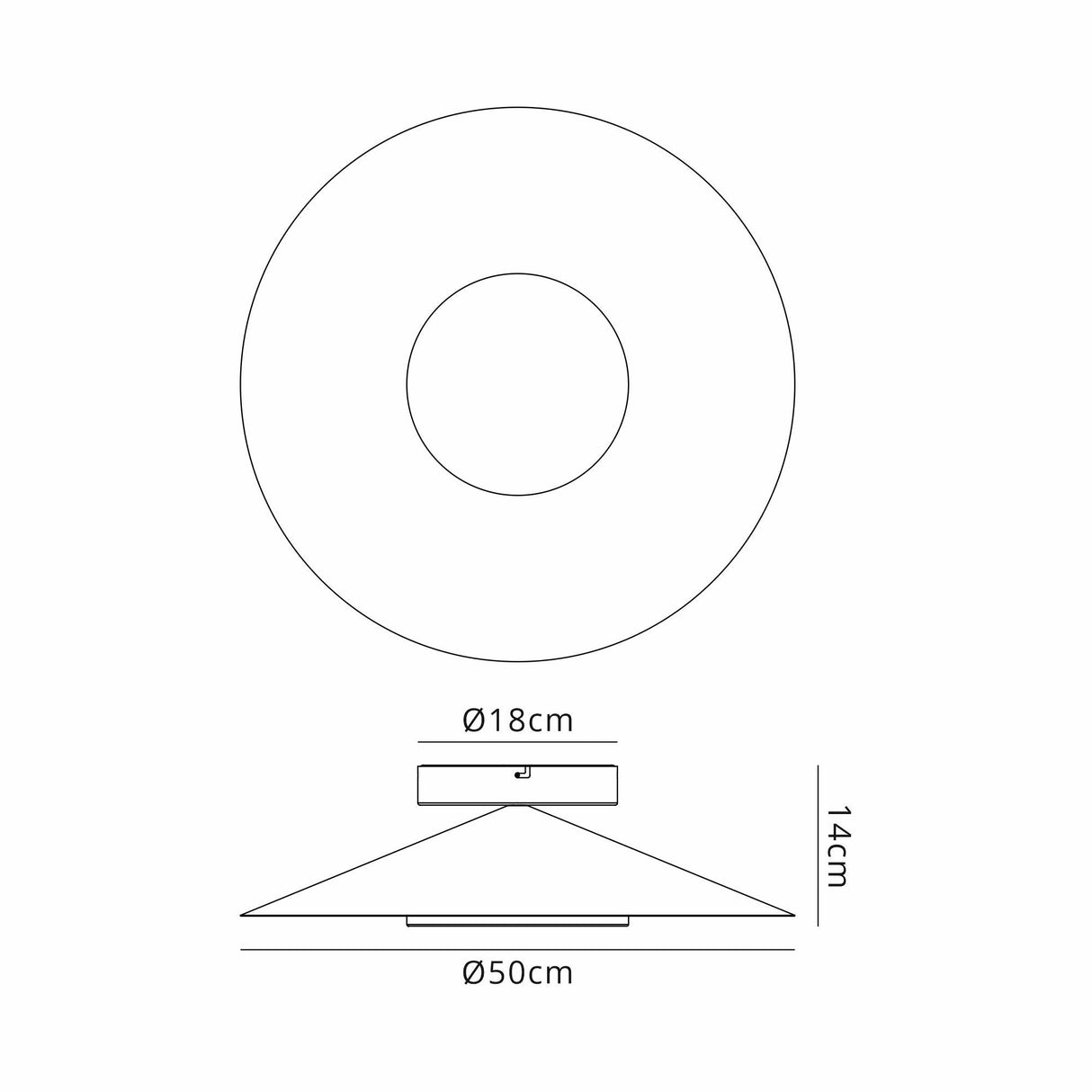 Mantra Orion LED semi-flush ceiling light dimension diagram showing 50cm diameter shallow dome shade and 14cm height with 18cm canopy.